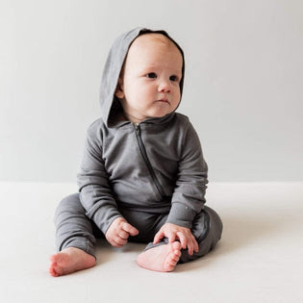Kyte Bamboo Jersey Hooded Zippered Romper in Charcoal